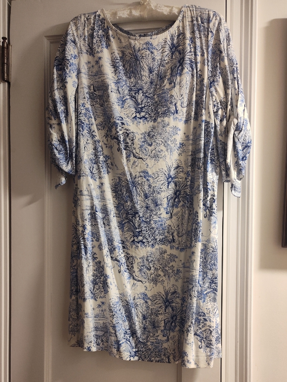 H&M Cream Midi Dress with Blue Toile Print